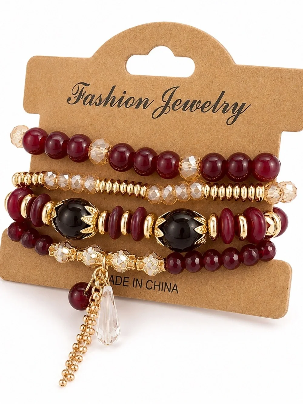 Burgundy Gold Beaded Bracelet Stack Crystal Charm Stretch Boho Layered Set NWT